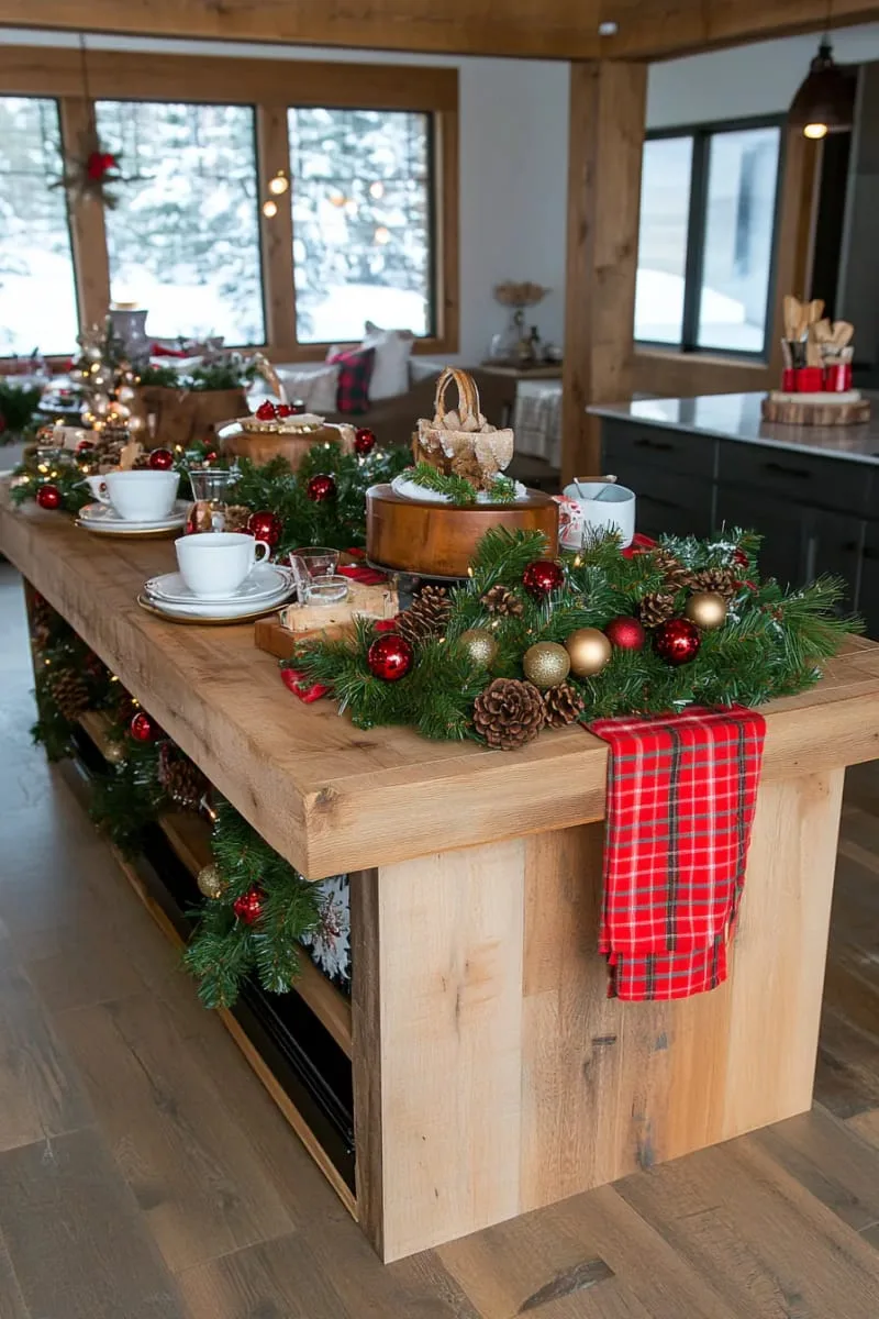 lush nature-inspired centerpiece with mixed evergreens and classic christmas baubles 1