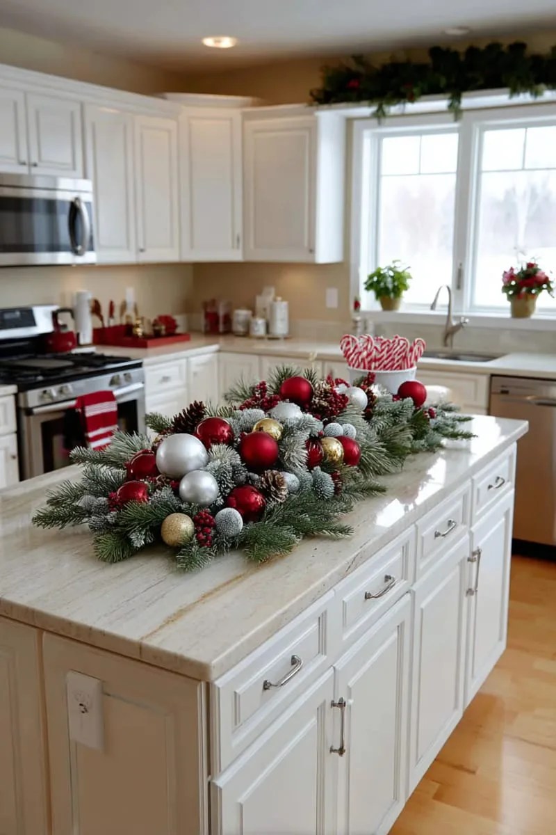 lush nature-inspired centerpiece with mixed evergreens and classic christmas baubles 1