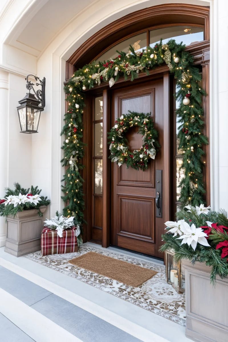 27 Beautiful Christmas Front Door Decor Ideas to Inspire 5 lush pine garland with warm fairy lights outlining the entryway arch 1