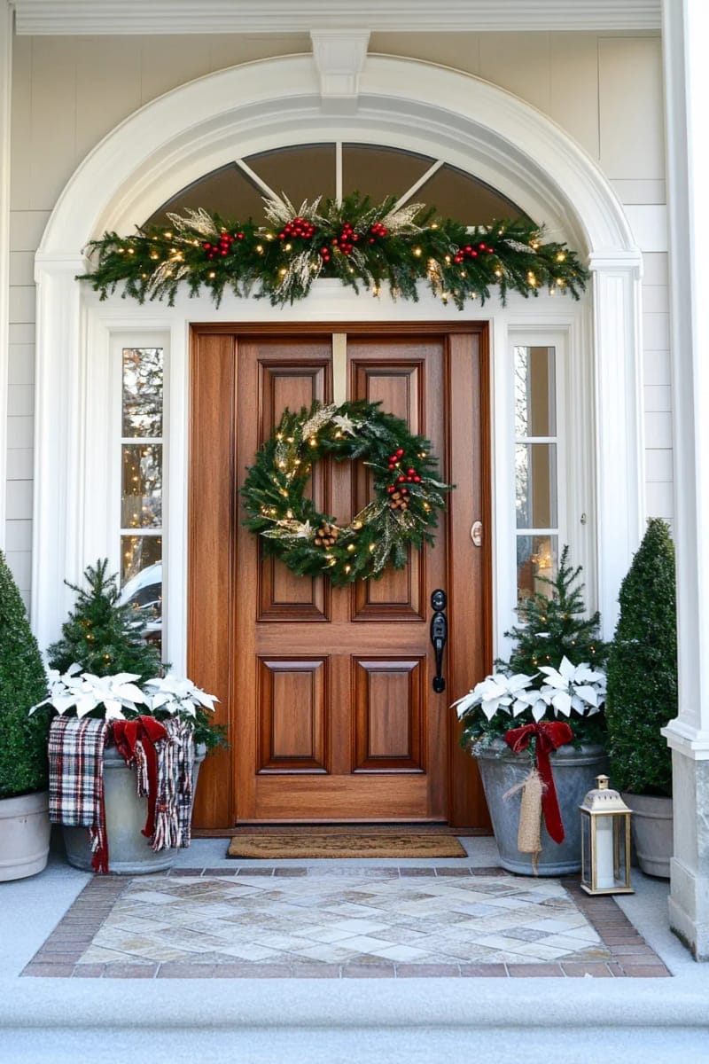 27 Beautiful Christmas Front Door Decor Ideas to Inspire 6 lush pine garland with warm fairy lights outlining the entryway arch 1
