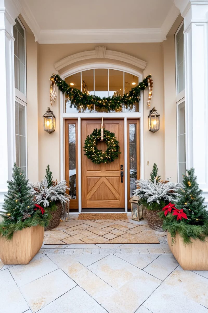 27 Beautiful Christmas Front Door Decor Ideas to Inspire 7 lush pine garland with warm fairy lights outlining the entryway arch 1