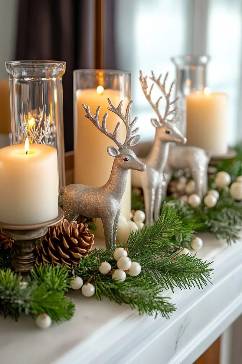 luxe silver reindeer figures with mercury glass candle holders 1
