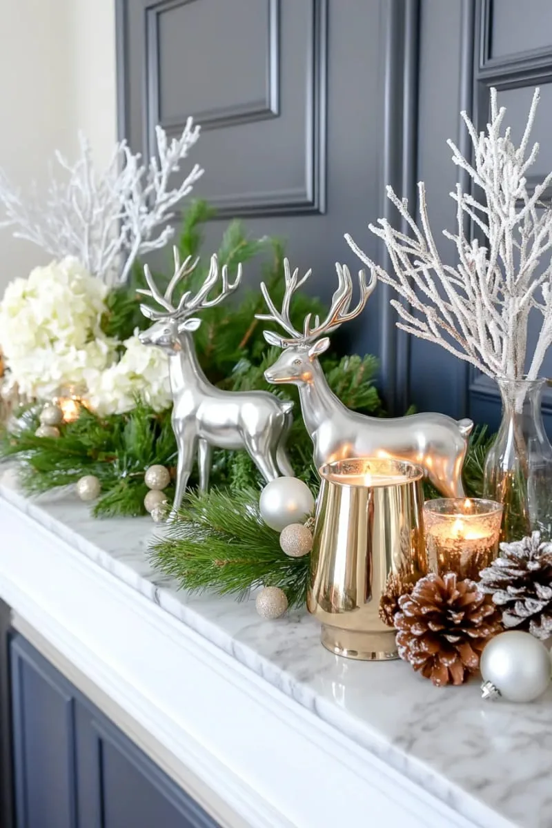 luxe silver reindeer figures with mercury glass candle holders 1