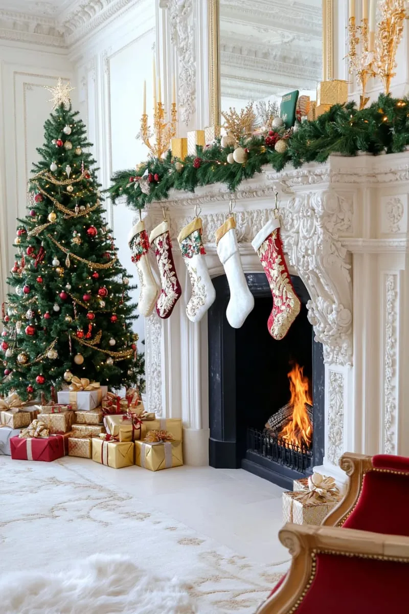 luxurious velvet and satin stockings hung from an ornate carved fireplace 1 luxurious velvet and satin stockings hung from an ornate carved fireplace 1