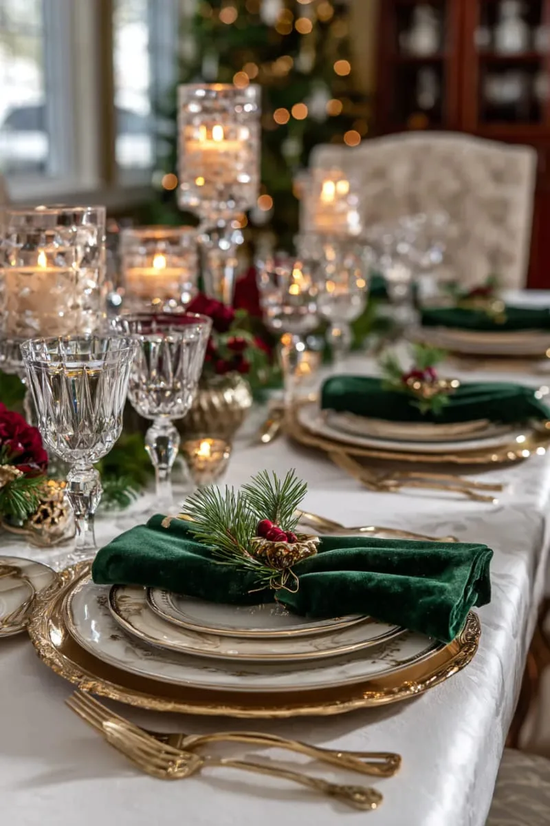 luxury tablescape of gold chargers, velvet napkins, and crystal candleholders 1 luxury tablescape of gold chargers, velvet napkins, and crystal candleholders 1