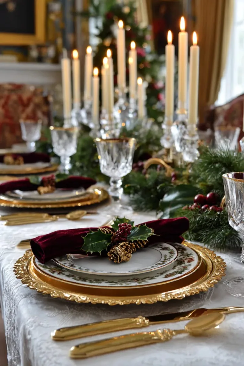 luxury tablescape of gold chargers, velvet napkins, and crystal candleholders 1 luxury tablescape of gold chargers, velvet napkins, and crystal candleholders 1