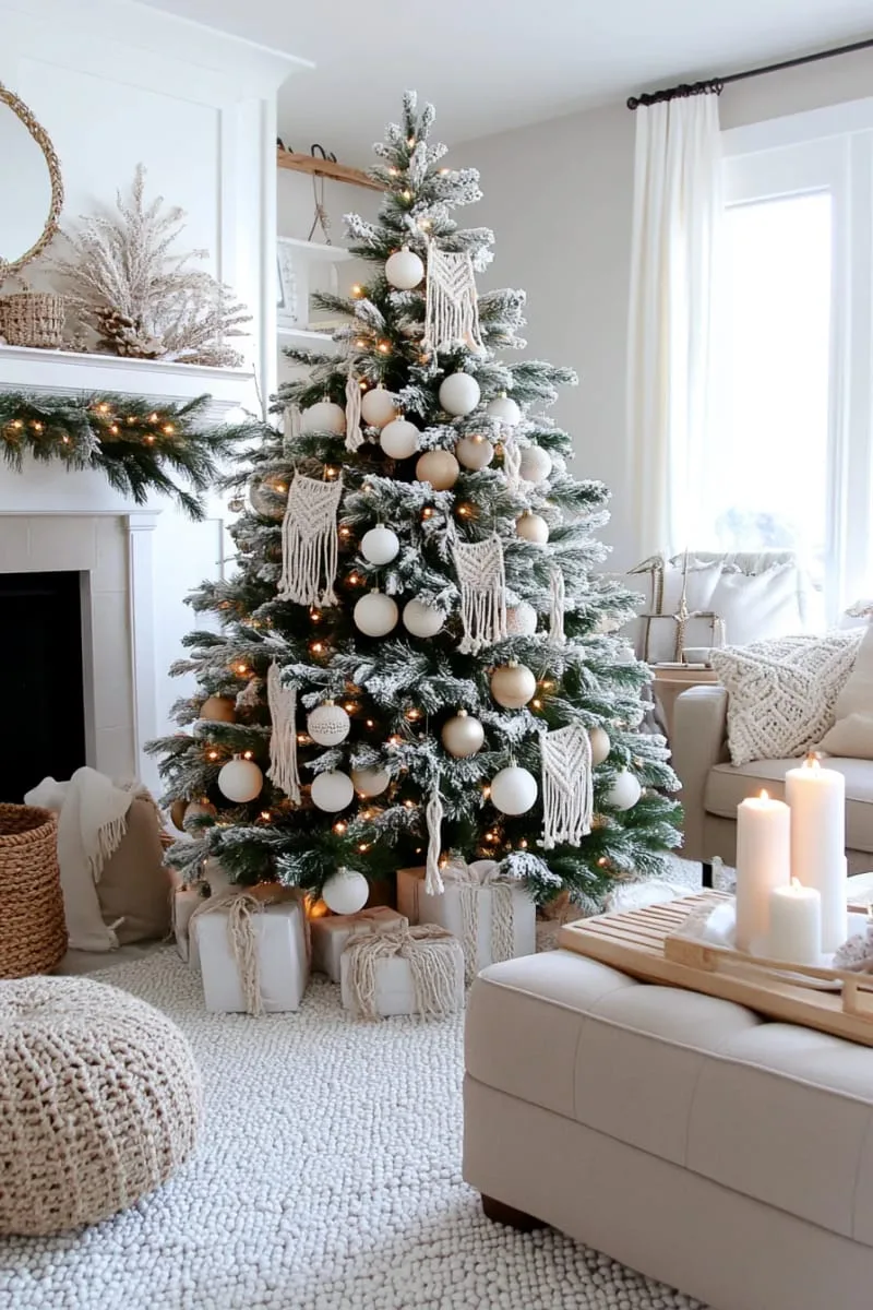 macramé ornaments hanging from a snowy green tree 1