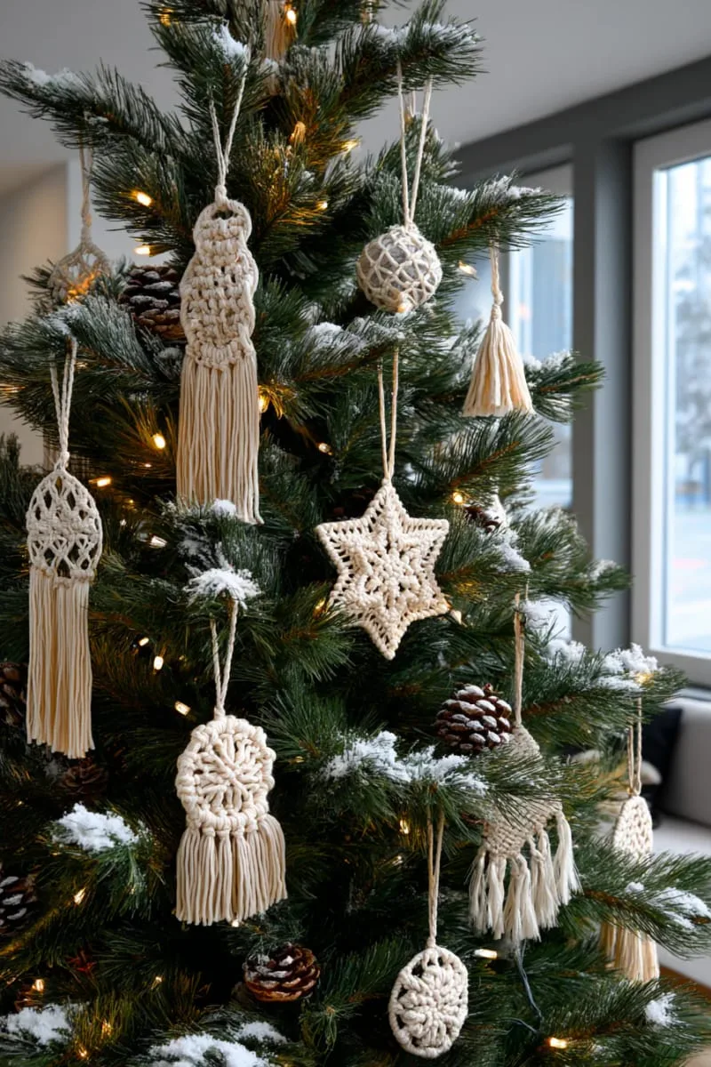 macramé ornaments hanging from a snowy green tree 1