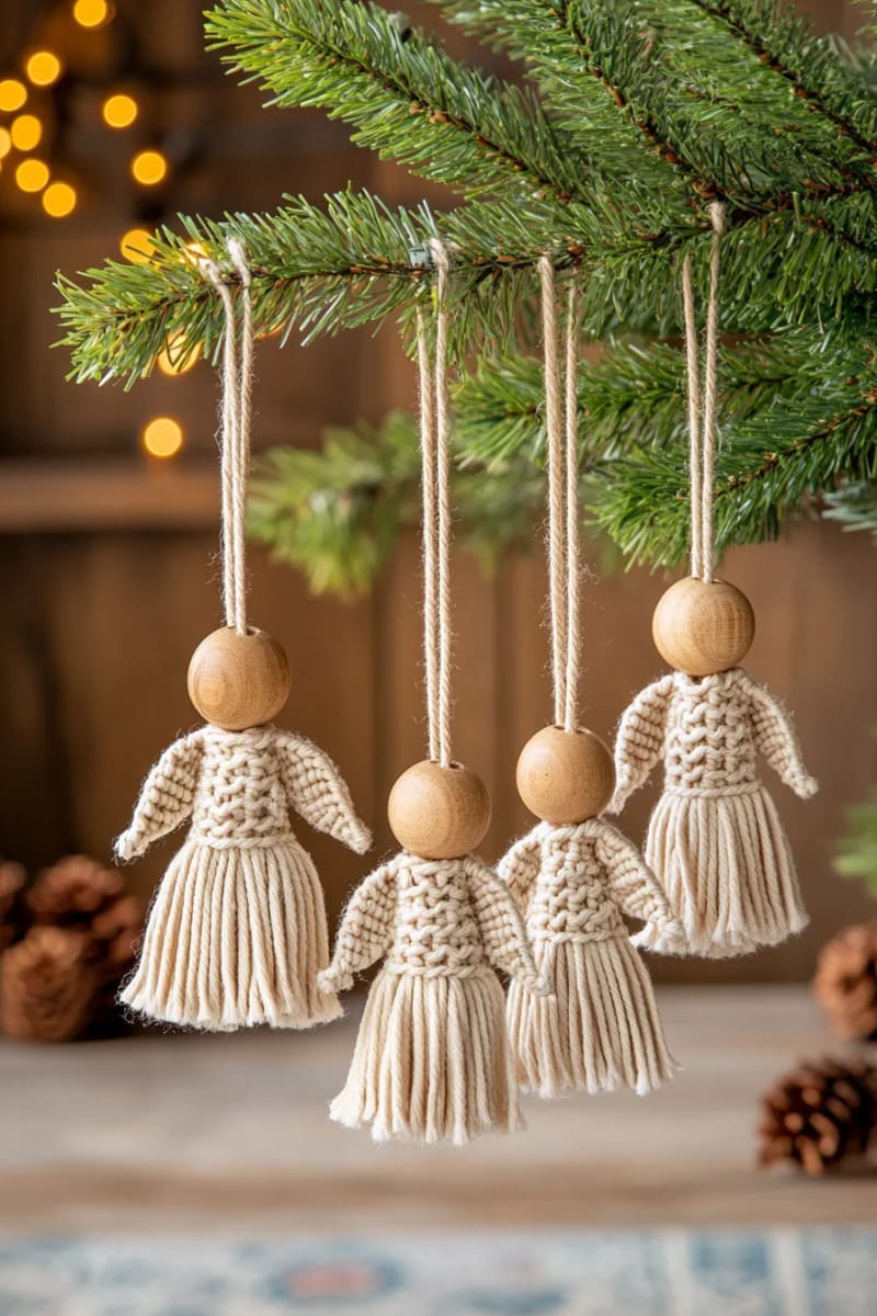 macrame angel ornaments with natural cotton fringe and wooden beads 1