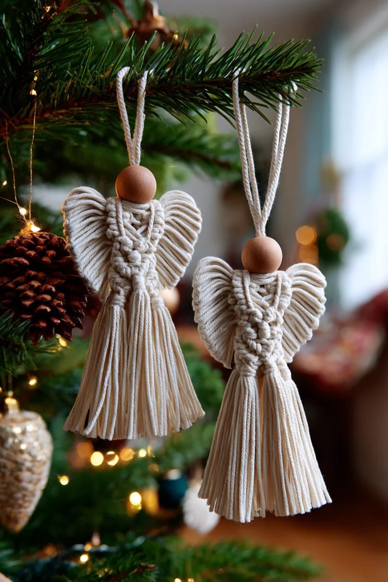 macrame angel ornaments with natural cotton fringe and wooden beads 1