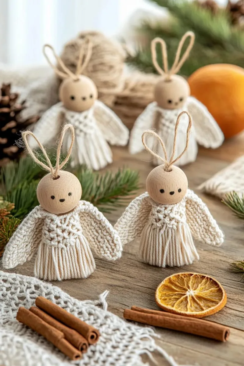 macrame angel ornaments with wooden bead heads and jute wings 1