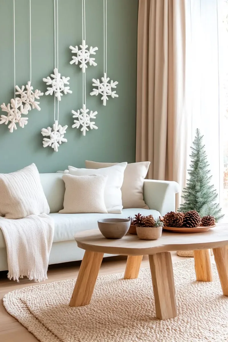 macrame snowflake hangings on a simple sage wall 1