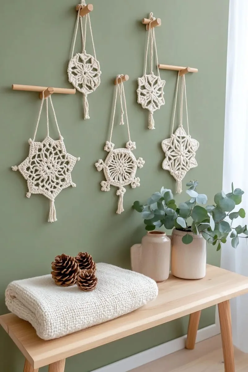 macrame snowflake hangings on a simple sage wall 1