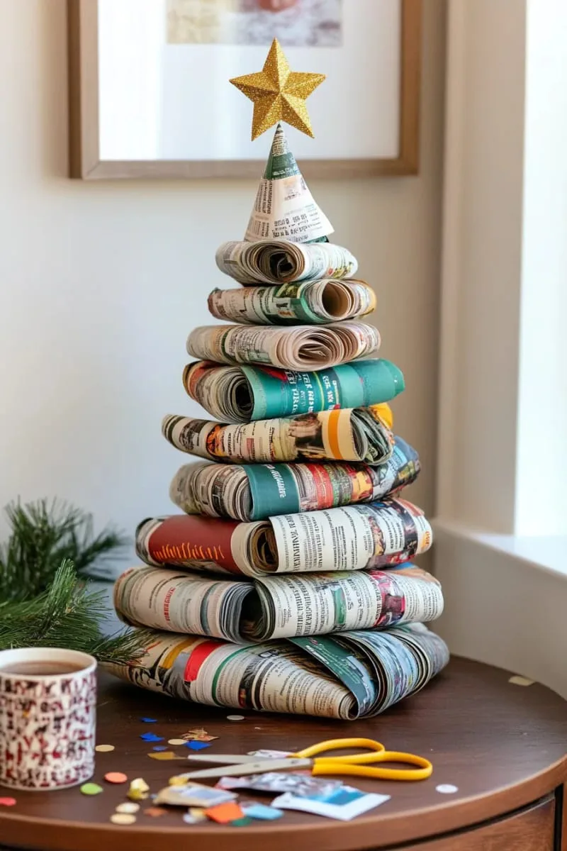 25 Upcycled Christmas Crafts DIY: Unique & Budget Friendly Decor Ideas 91 magazine page tree sculpture with a gold paper star topper 1