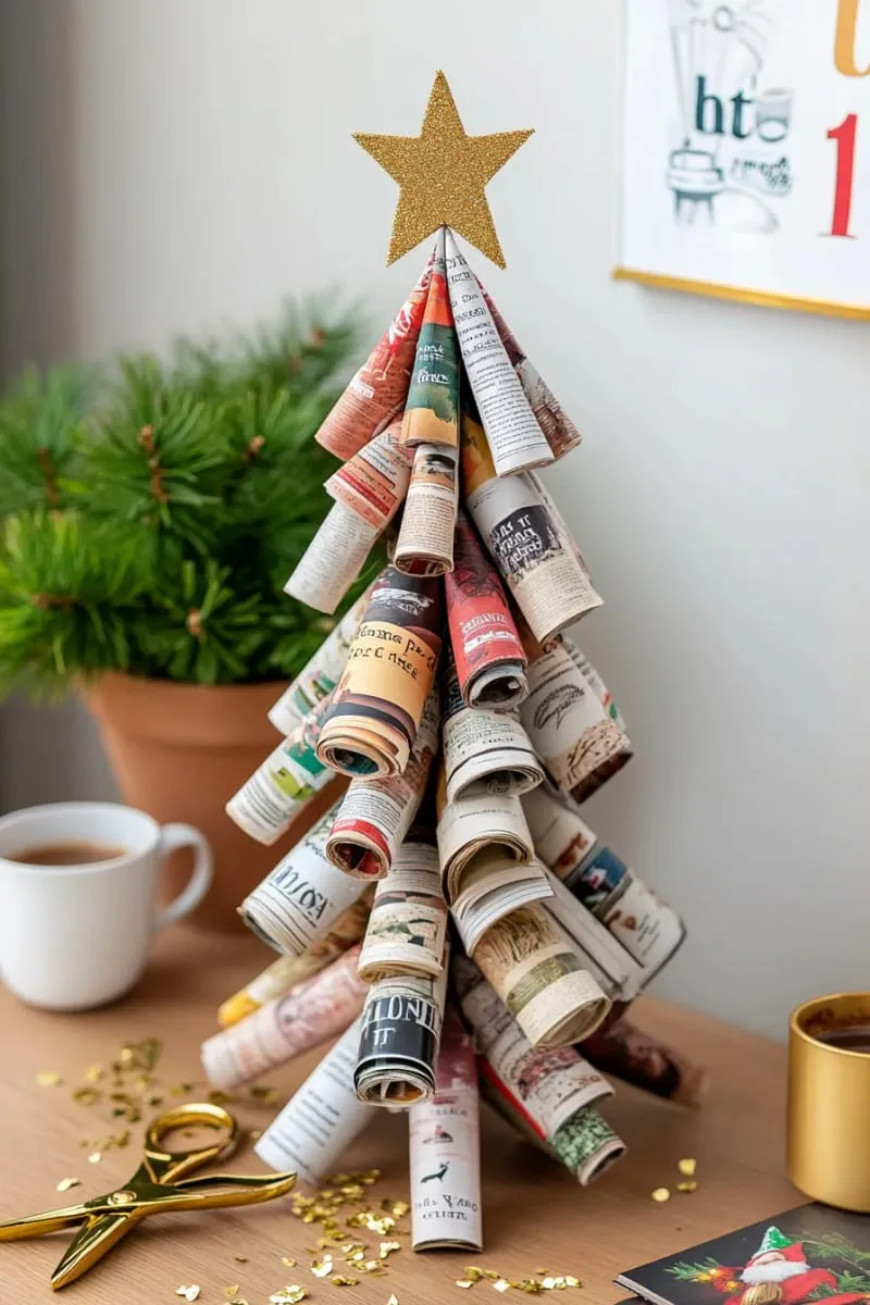 25 Upcycled Christmas Crafts DIY: Unique & Budget Friendly Decor Ideas 92 magazine page tree sculpture with a gold paper star topper 1
