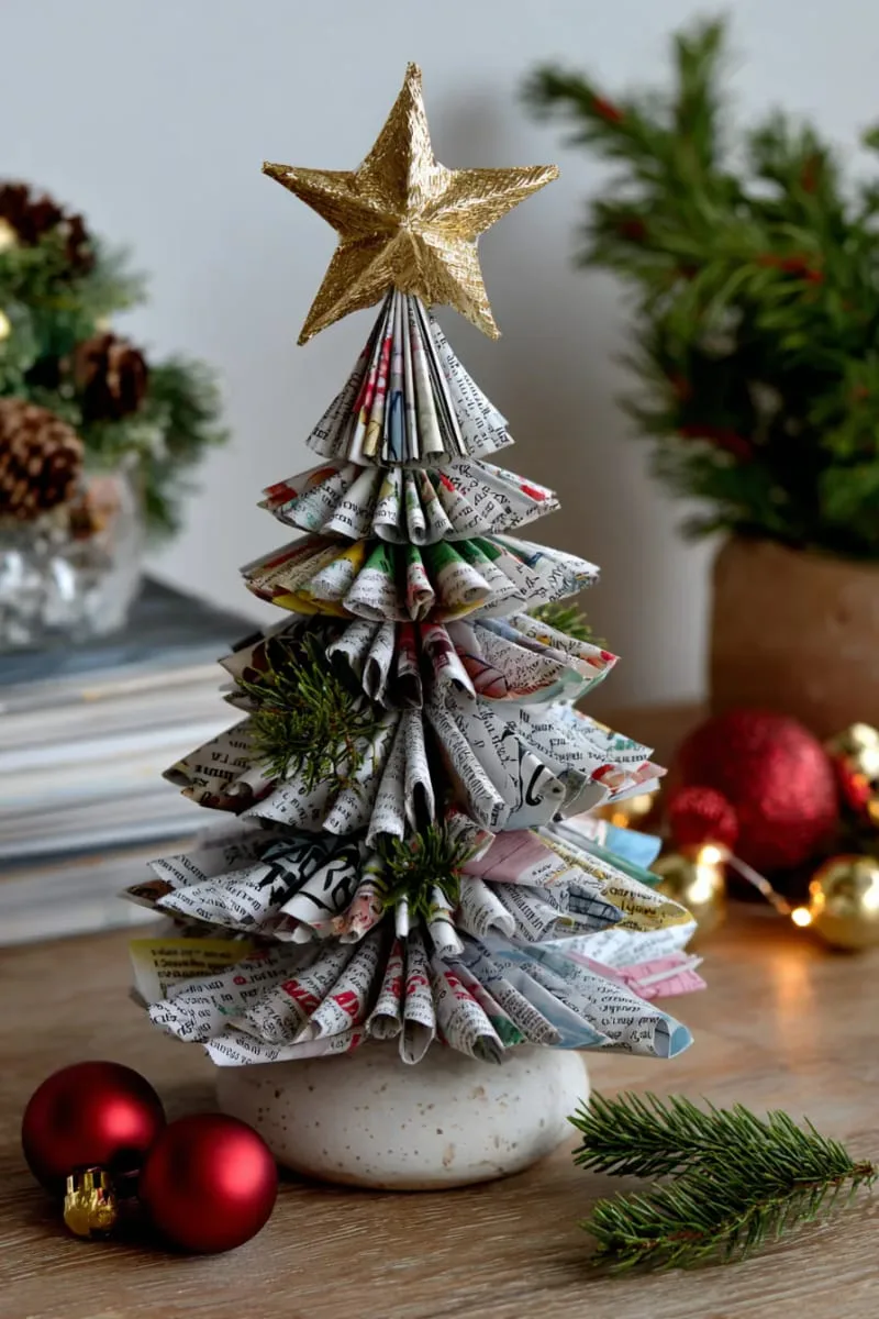 25 Upcycled Christmas Crafts DIY: Unique & Budget Friendly Decor Ideas 95 magazine page tree sculpture with a gold paper star topper 1