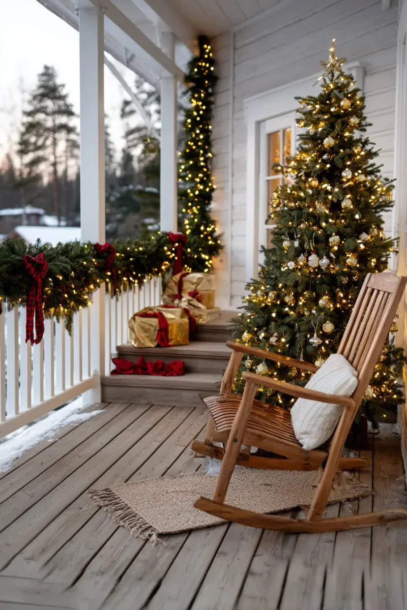 15 Dreamy Front Porch Christmas Trees to Try This Year 21 magical golden-lit tree beside a cozy wooden rocking chair 1