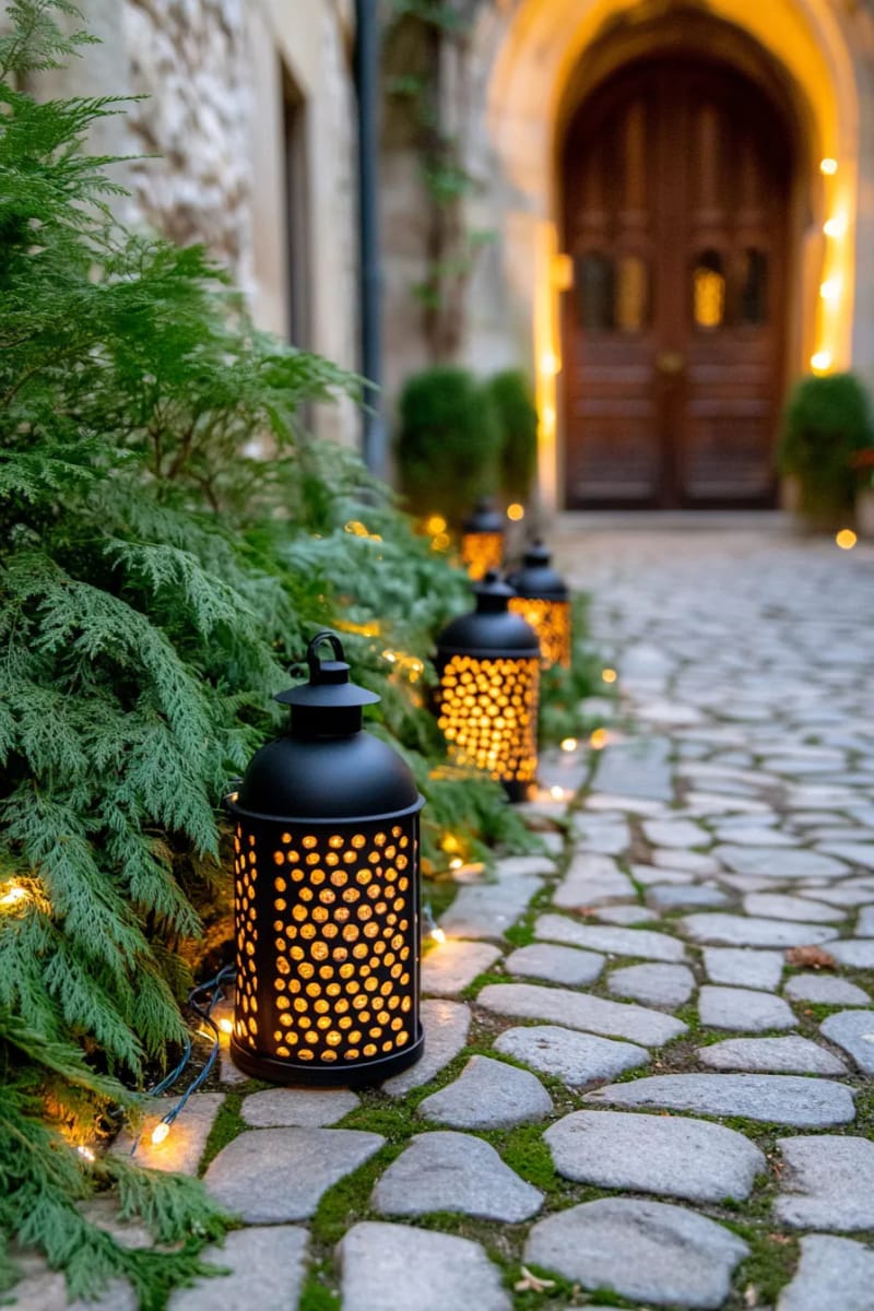 27 Beautiful Christmas Front Door Decor Ideas to Inspire 37 magical lantern path leading up to a gold-accented wreath 1