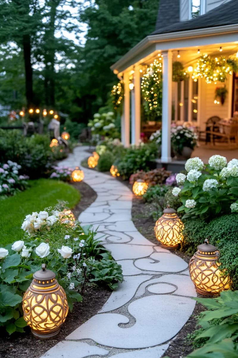 27 Beautiful Christmas Front Door Decor Ideas to Inspire 38 magical lantern path leading up to a gold-accented wreath 1