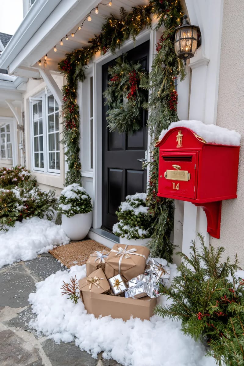 29 Festive Christmas Door Decor Ideas for a Magical Entry 79 magical mailbox with mini presents and faux snow for whimsical holiday charm 1