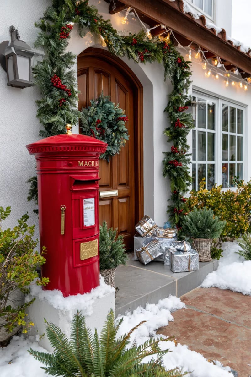 29 Festive Christmas Door Decor Ideas for a Magical Entry 80 magical mailbox with mini presents and faux snow for whimsical holiday charm 1