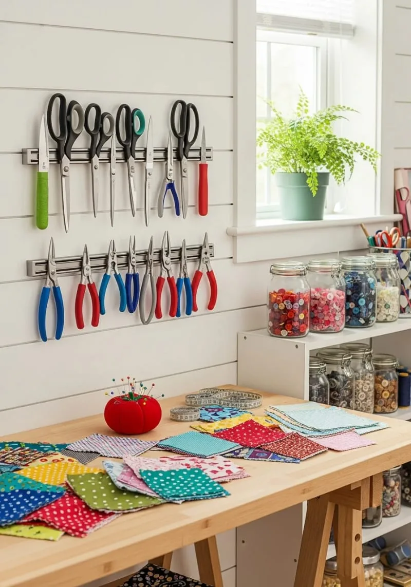 15 Sewing Room Organization Ideas to Declutter and Inspire Creativity 38 magnetic knife bar mounted to hold metal sewing tools and snips 1