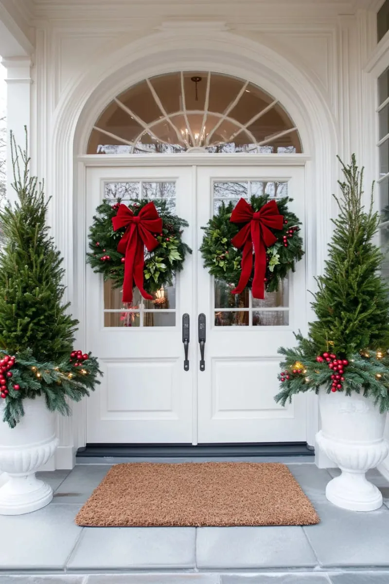 23 Exterior Christmas Decor Ideas Guests Will Remember All Season Long 81 majestic double wreaths on french doors, flanked by potted cedar trees 1