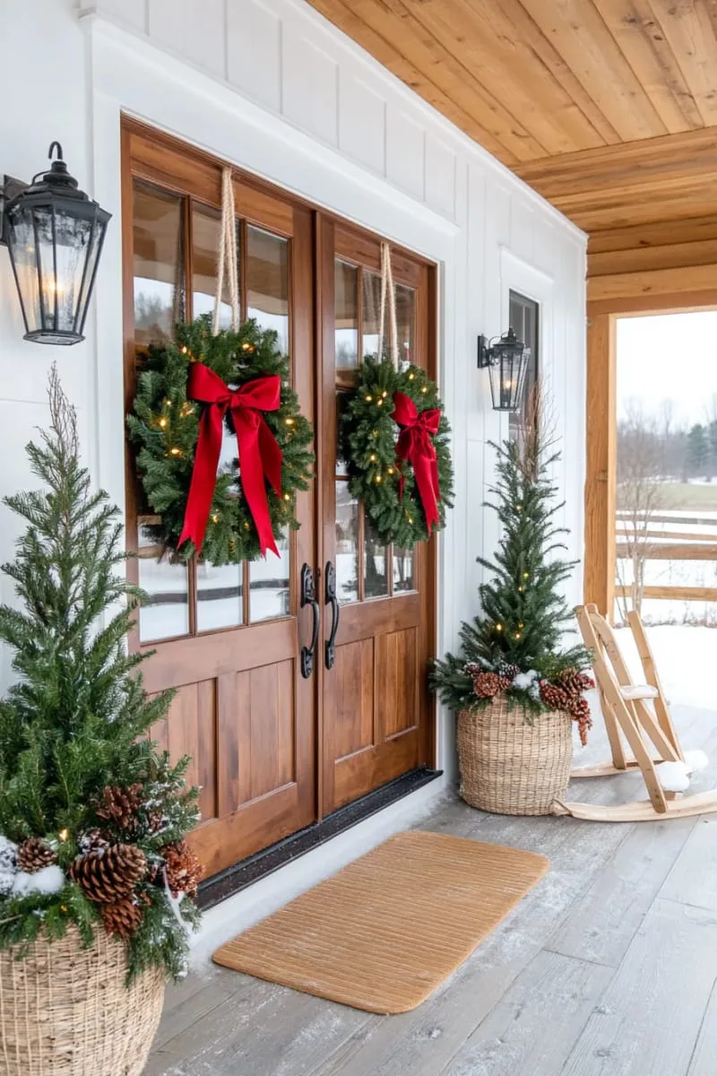 23 Exterior Christmas Decor Ideas Guests Will Remember All Season Long 82 majestic double wreaths on french doors, flanked by potted cedar trees 1