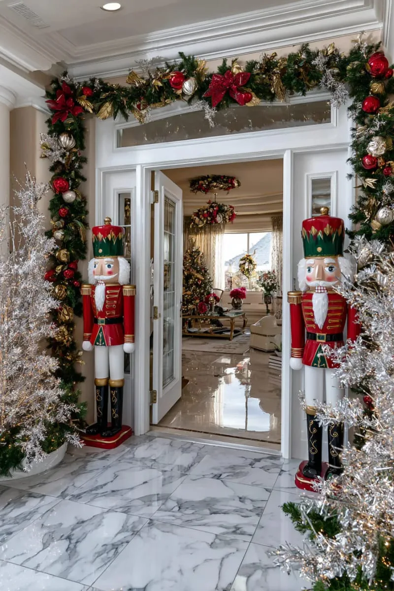 majestic entryway flanked by giant illuminated nutcrackers and crystal trees 1 majestic entryway flanked by giant illuminated nutcrackers and crystal trees 1