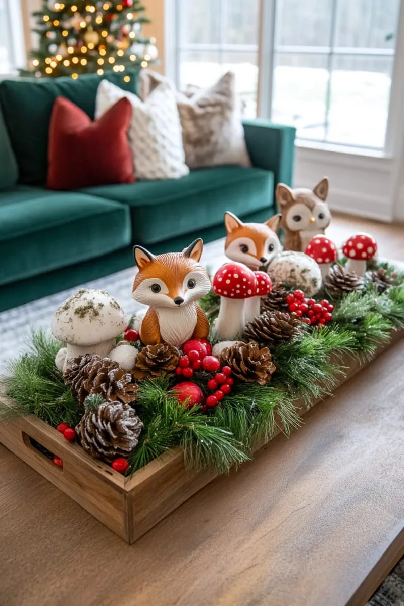 make a whimsical woodland scene with animal and mushroom ornaments. 1
