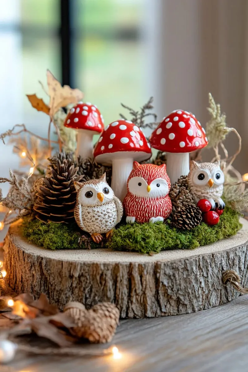 make a whimsical woodland scene with animal and mushroom ornaments. 1