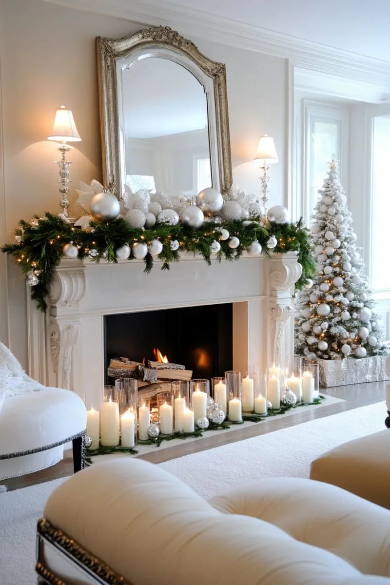mantel covered in frosted greenery, white candles, and pinecones 1