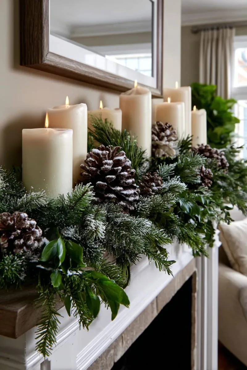 mantel covered in frosted greenery, white candles, and pinecones 1