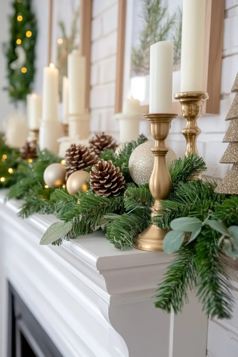 mantel dressed in greenery, pinecones, and classic gold candleholders 1