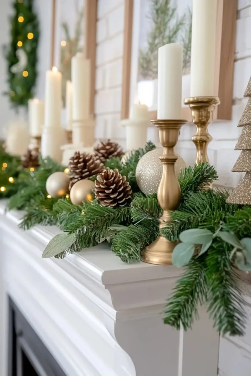 25 Traditional Christmas Decor Ideas with a Nostalgic Vintage Touch 5 mantel dressed in greenery, pinecones, and classic gold candleholders 1