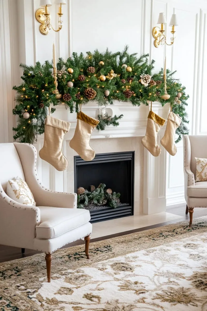 25 Traditional Christmas Decor Ideas with a Nostalgic Vintage Touch 6 mantel dressed in greenery, pinecones, and classic gold candleholders 1