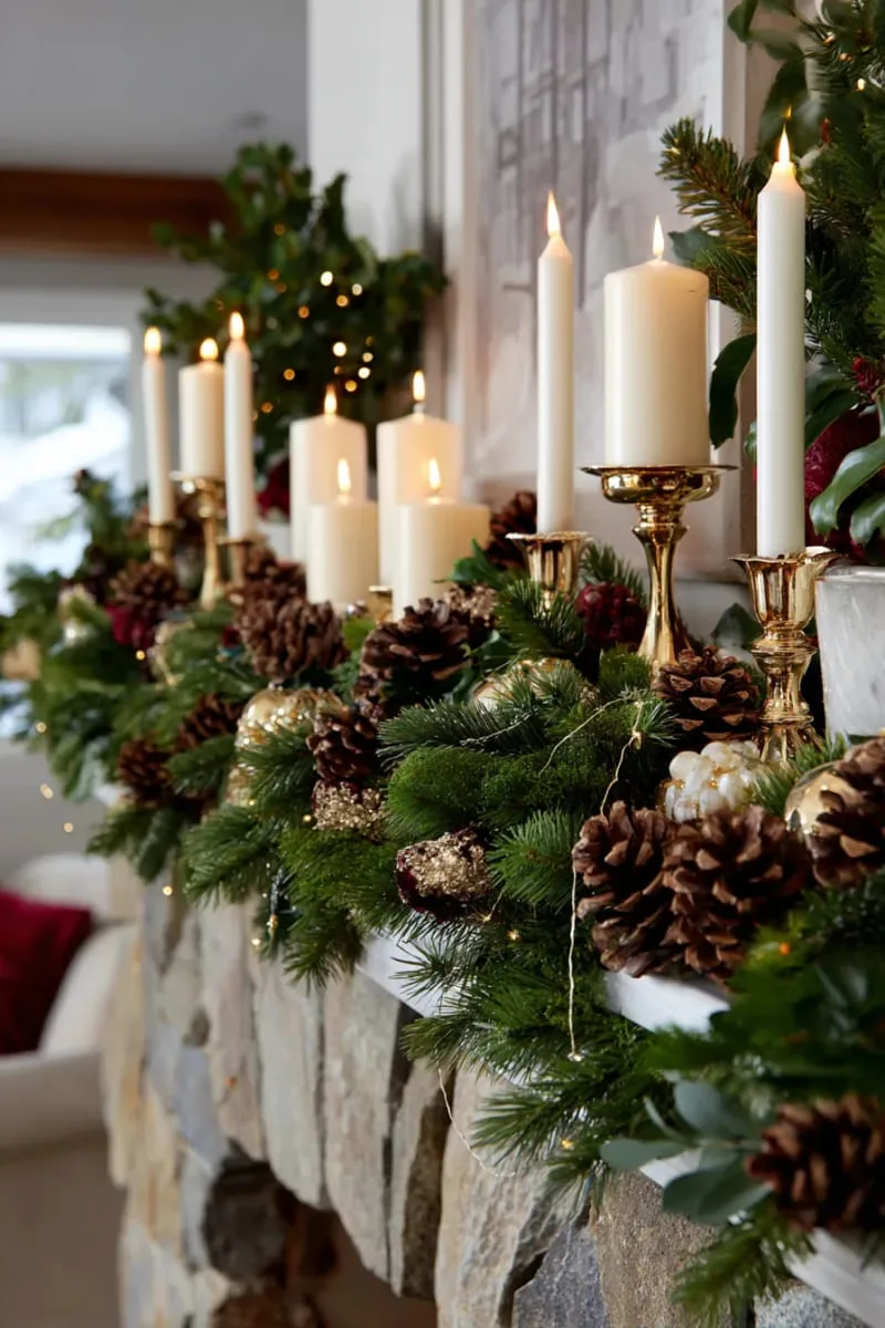 25 Traditional Christmas Decor Ideas with a Nostalgic Vintage Touch 7 mantel dressed in greenery, pinecones, and classic gold candleholders 1