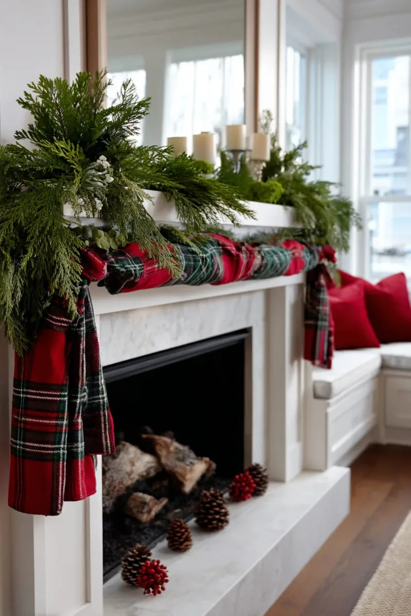 mantle wrapped in tartan fabric with sprigs of cedar 1