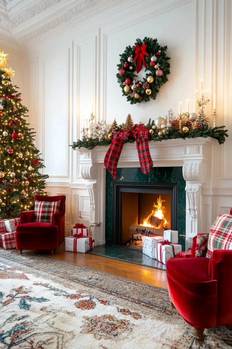 mantle wrapped in tartan fabric with sprigs of cedar 1