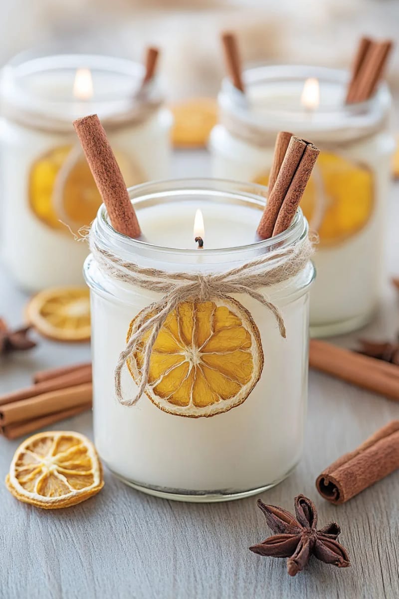 mason jar candle arrangements with cinnamon sticks and dried orange slices 1