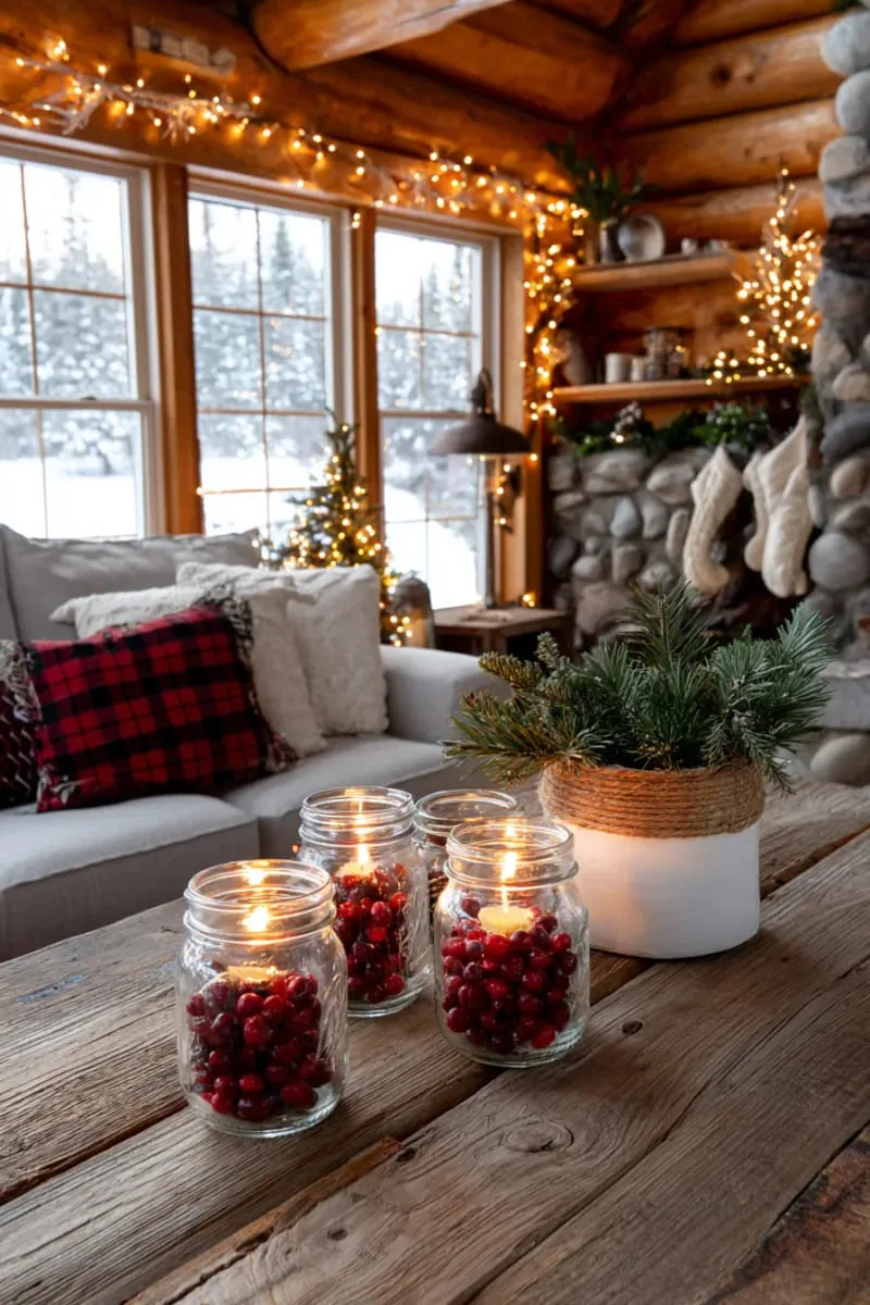 mason jar candleholders wrapped in twine and filled with cranberries 1