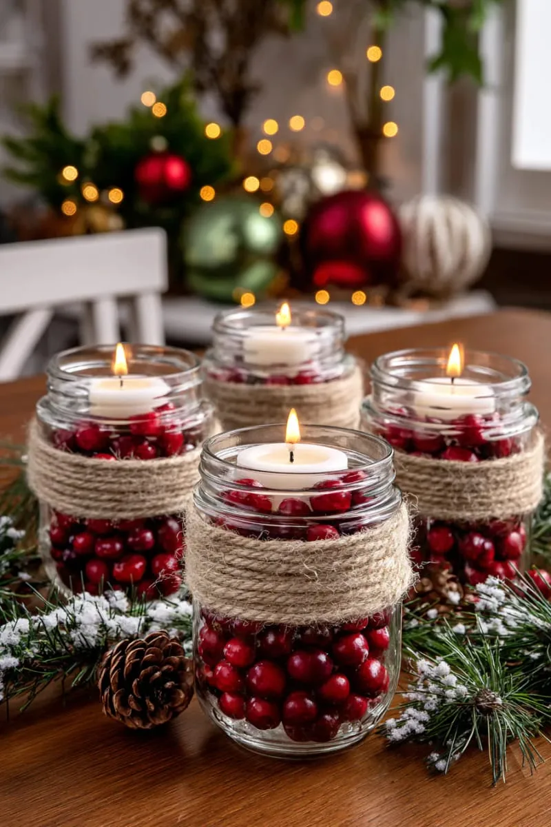 mason jar candleholders wrapped in twine and filled with cranberries 1
