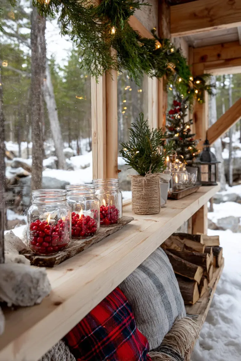 mason jar candleholders wrapped in twine and filled with cranberries 1