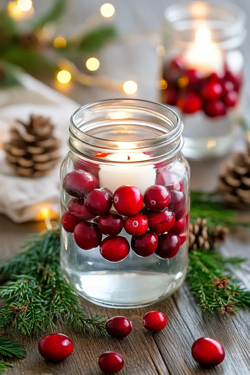 mason jar centerpiece filled with cranberries and floating candles 1