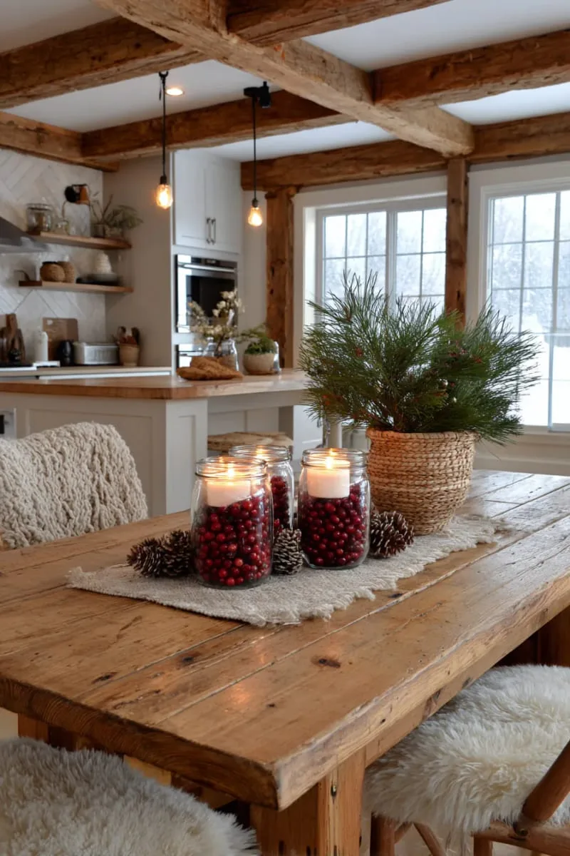mason jar centerpiece filled with cranberries and floating candles 1