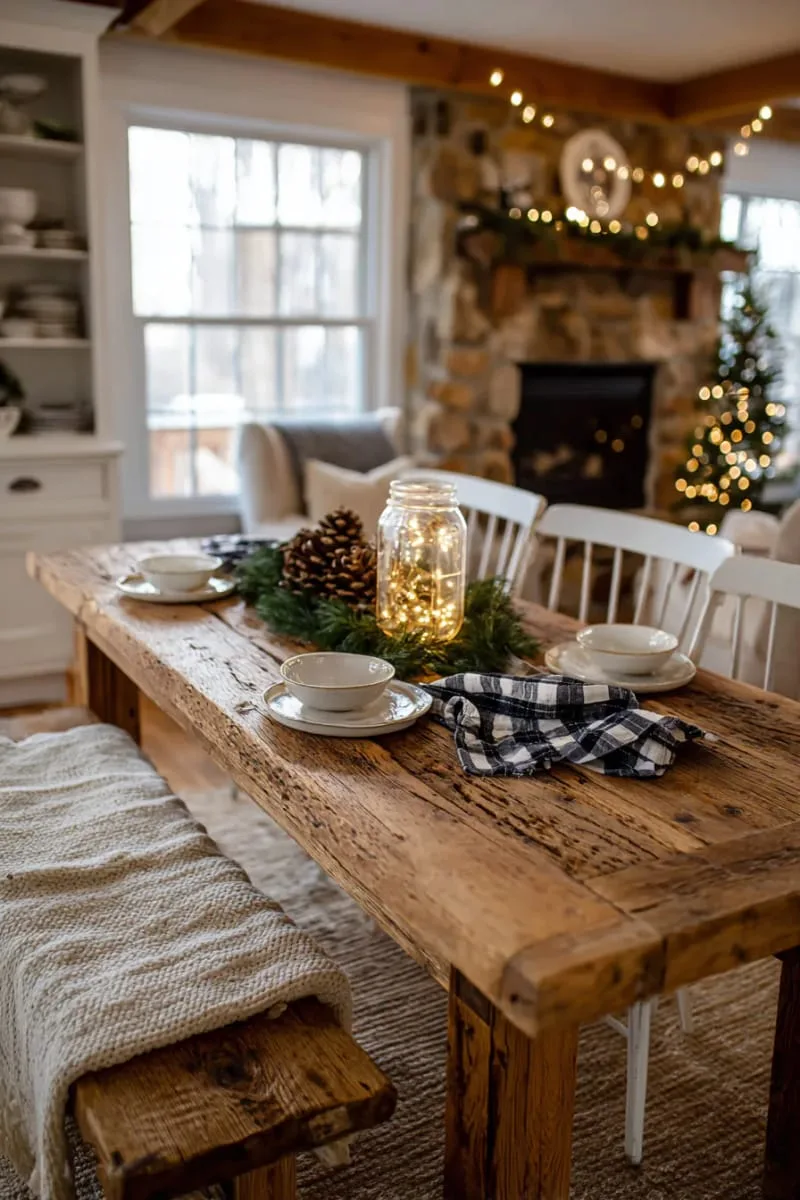 29 Simple Christmas Decor Ideas for a Beautiful Holiday Season 5 mason jar centerpiece filled with pinecones and fairy lights 1