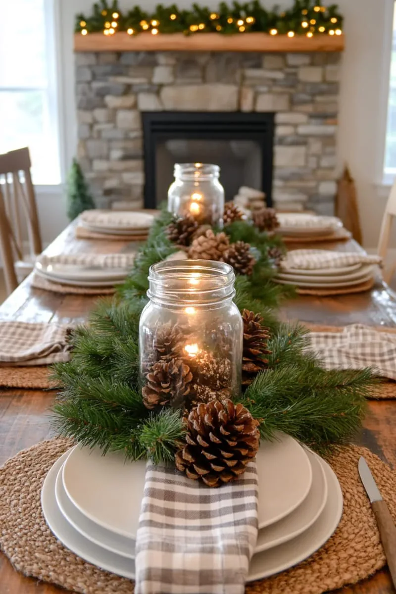 29 Simple Christmas Decor Ideas for a Beautiful Holiday Season 6 mason jar centerpiece filled with pinecones and fairy lights 1