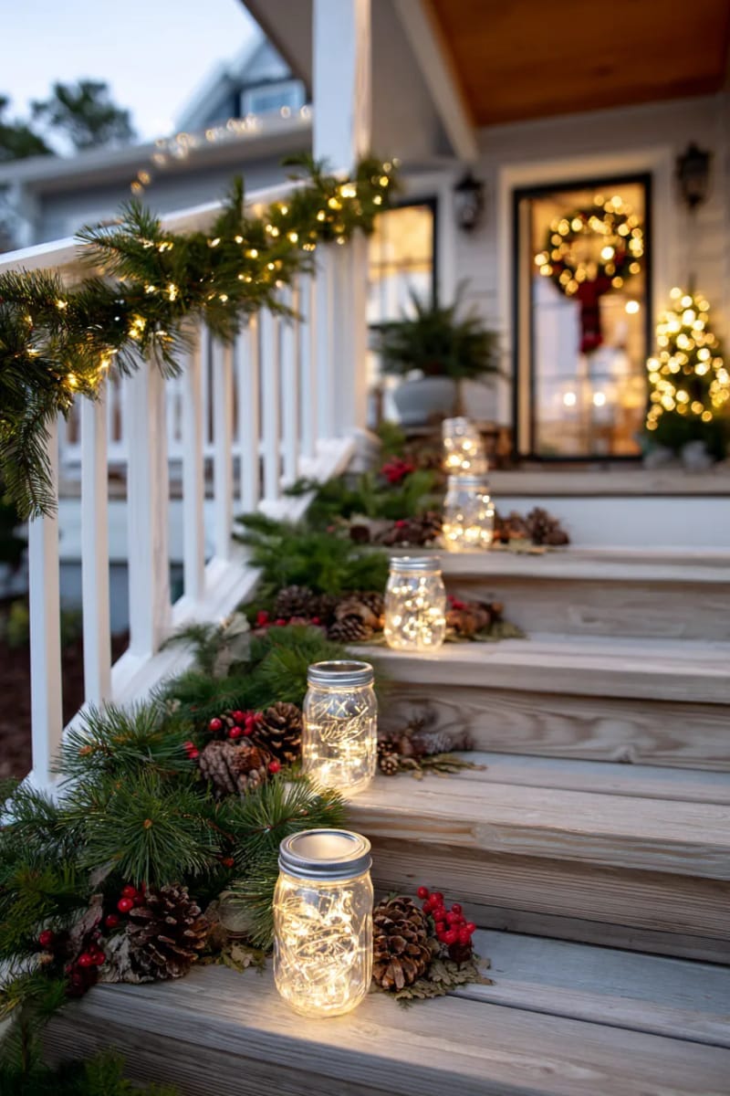 mason jar lanterns with battery fairy lights lining the porch stairs 1