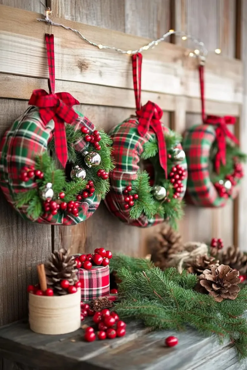 25 Upcycled Christmas Crafts DIY: Unique & Budget Friendly Decor Ideas 40 mason jar lid wreaths wrapped in plaid fabric and tiny bells 1
