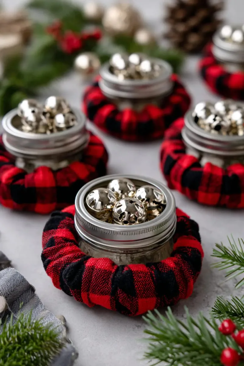 25 Upcycled Christmas Crafts DIY: Unique & Budget Friendly Decor Ideas 43 mason jar lid wreaths wrapped in plaid fabric and tiny bells 1